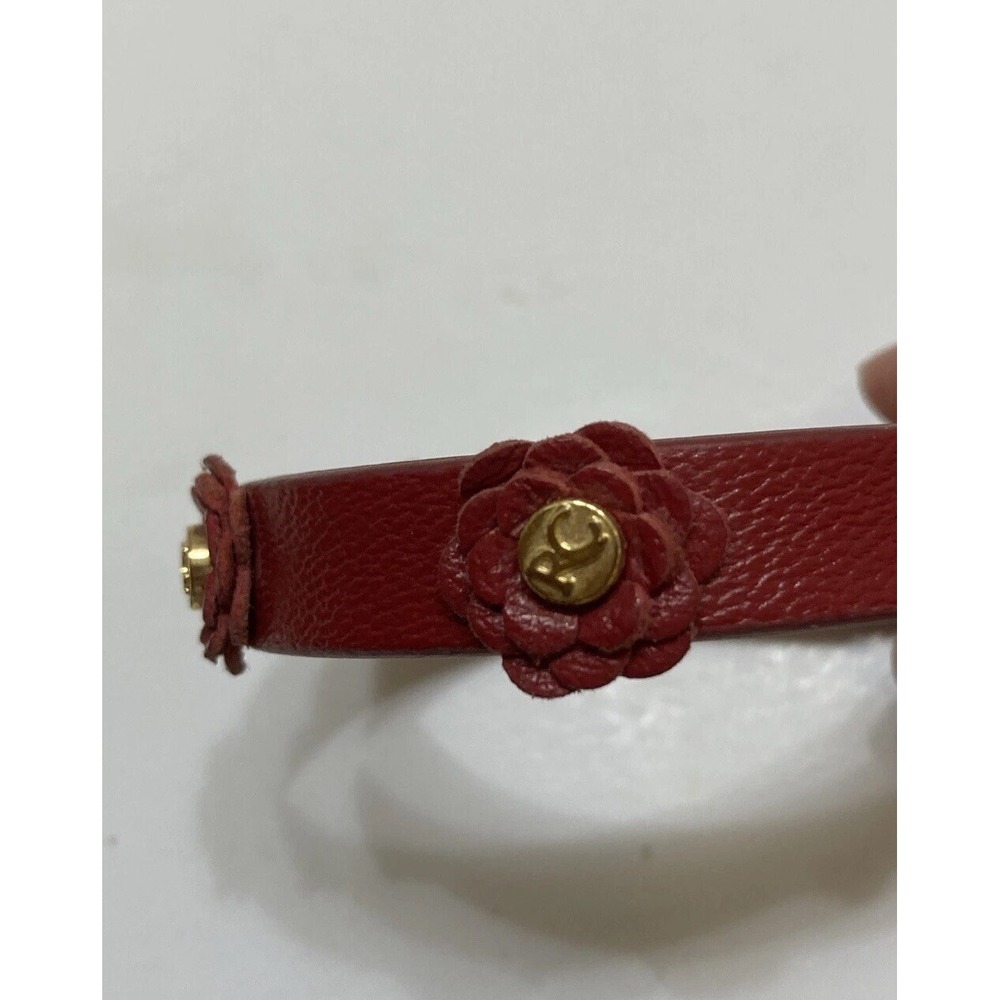 Rustic Cuff Meagan Flower Bracelet 8" Single Wrap Red Leather Gold Tone